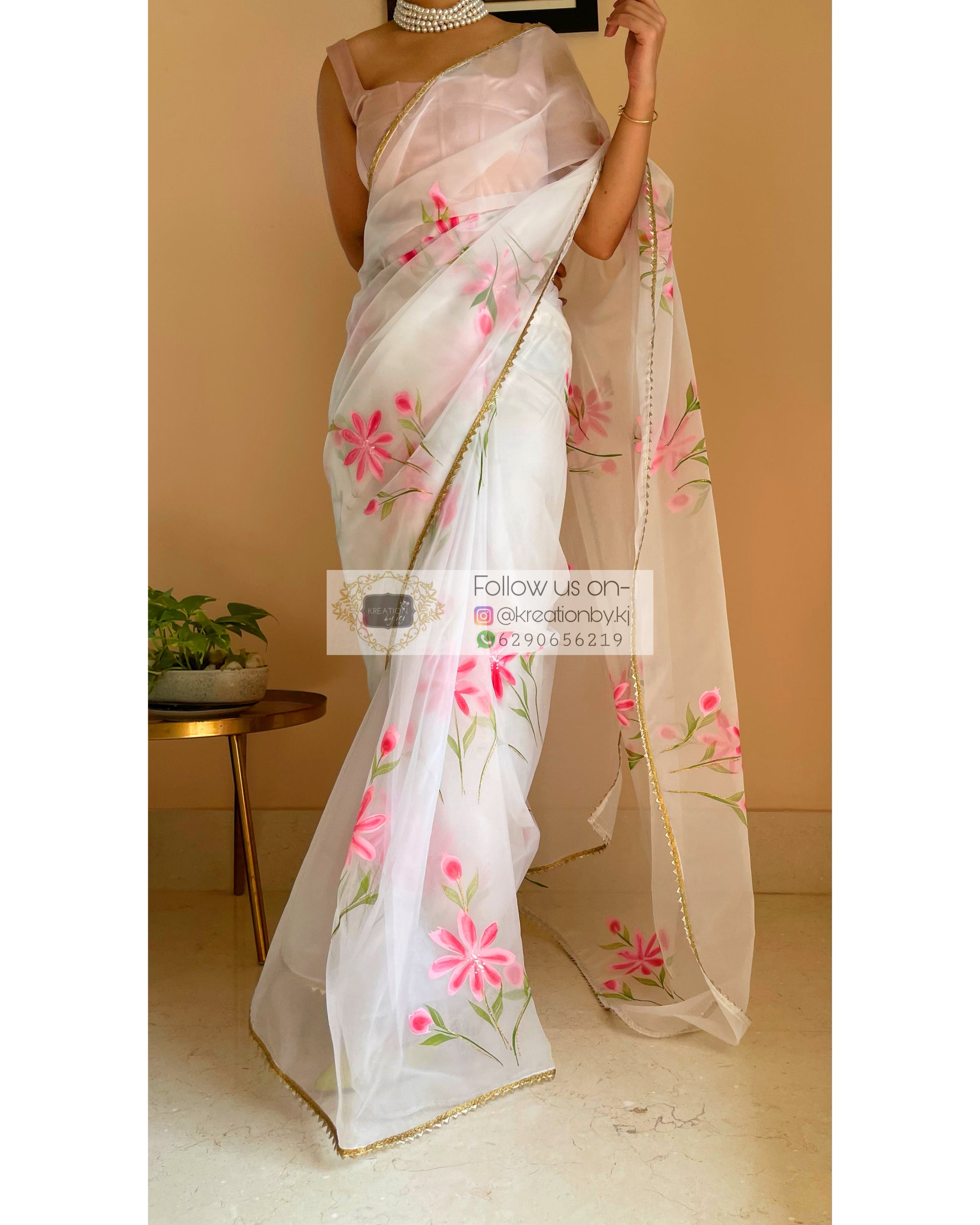 White Floral Organza Saree - kreationbykj