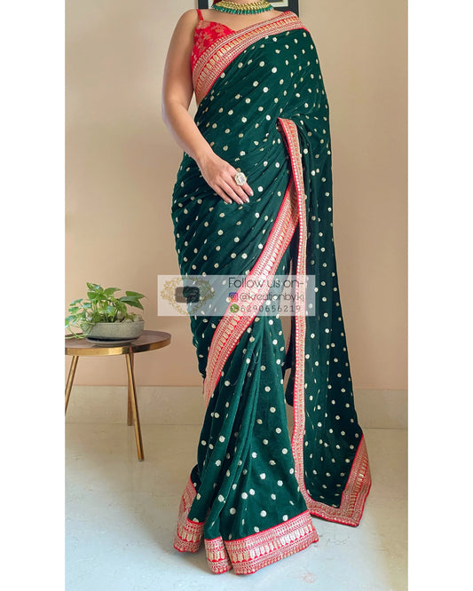 Bottle Green Velvet Saree with Border - kreationbykj