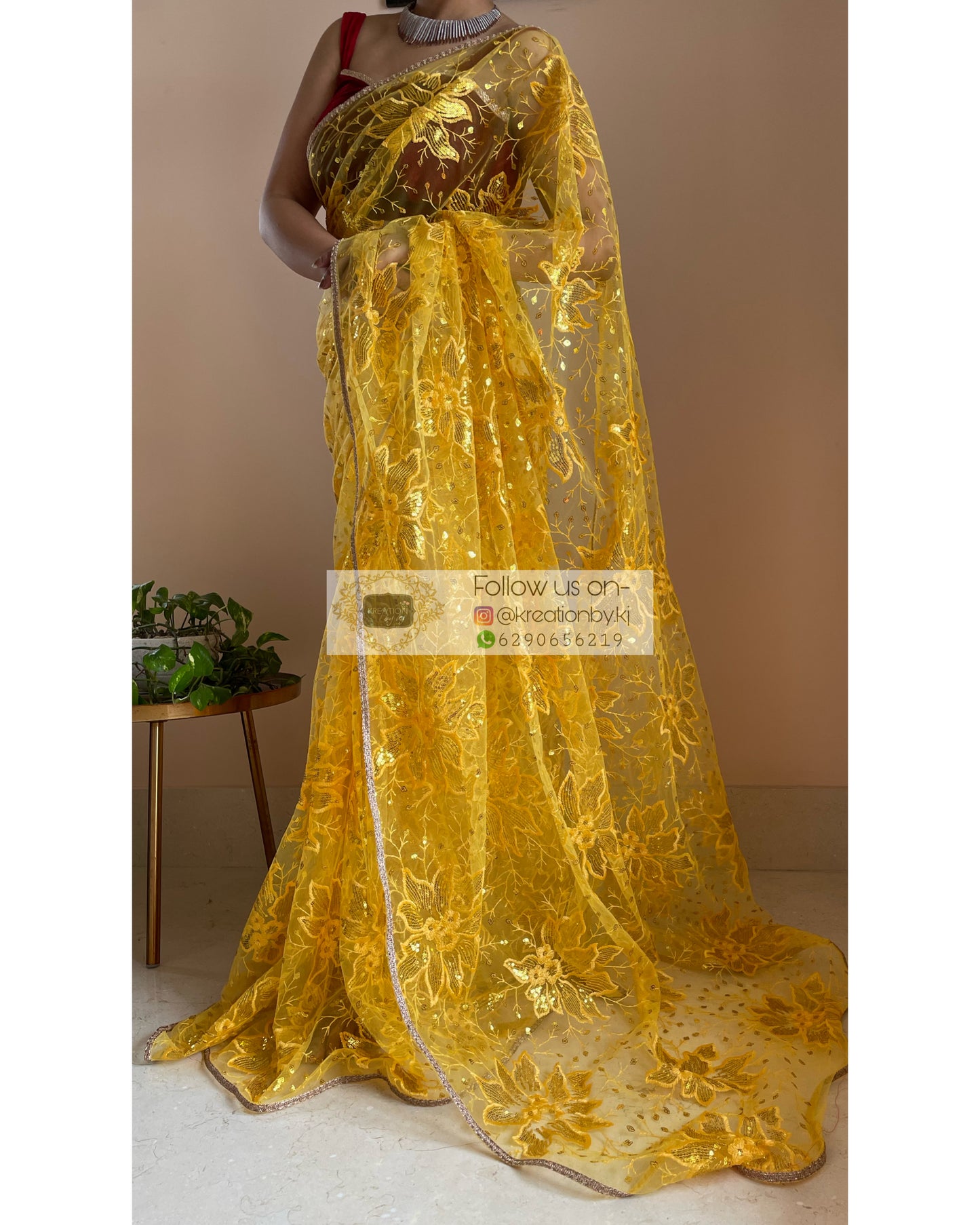 Yellow Floral Net Saree - kreationbykj