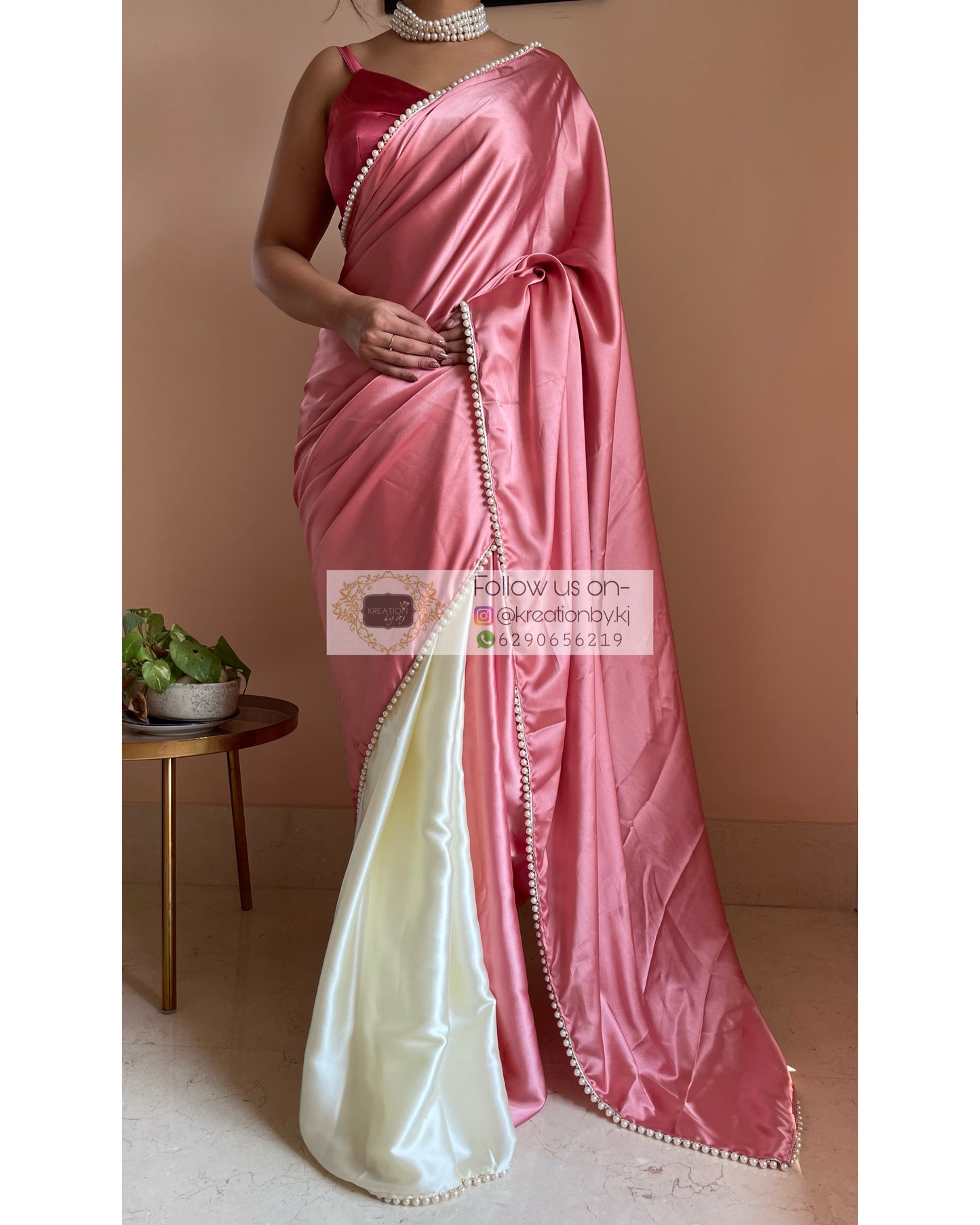 Strawberry Vanilla Two in One Satin Saree - kreationbykj