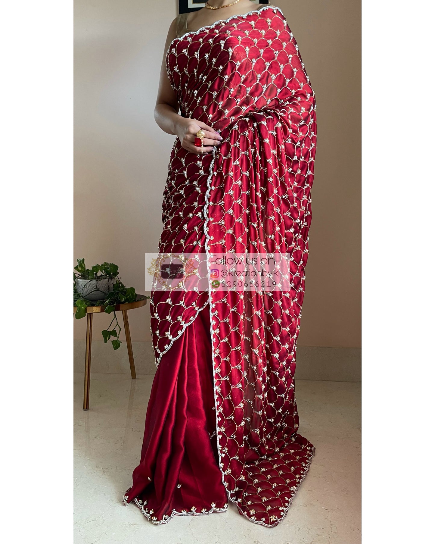 Maroon Georgette Cutdana Mehraab Jaal Saree - kreationbykj