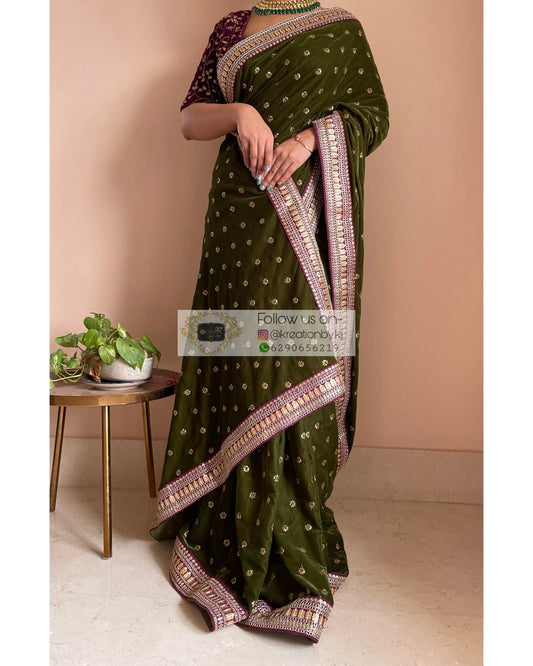 Mehendi Green Velvet Saree with Border - kreationbykj