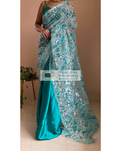 Turquoise Mermaid Sequins Saree - kreationbykj