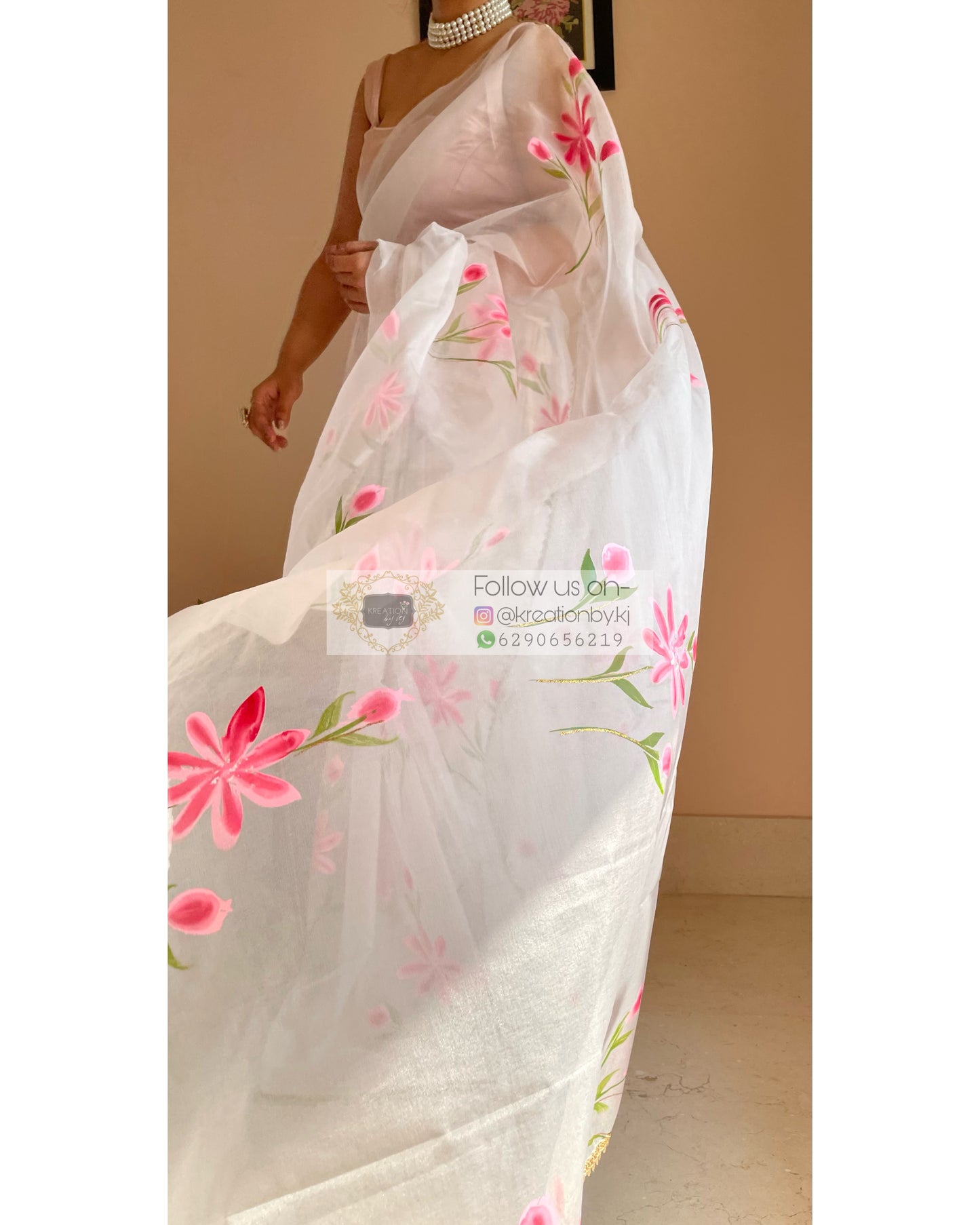 White Floral Organza Saree - kreationbykj