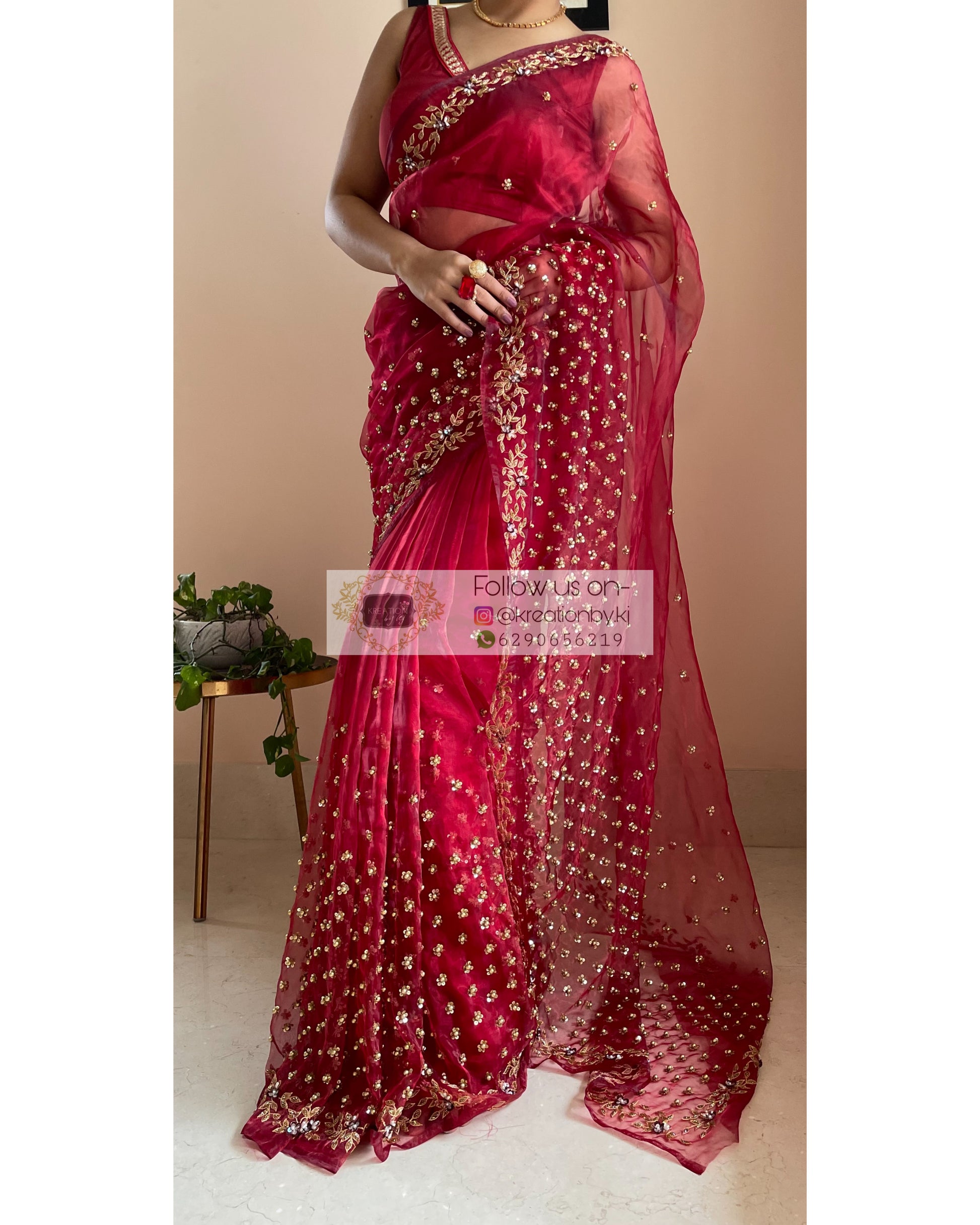 Red Badan pe Sitare Saree - kreationbykj