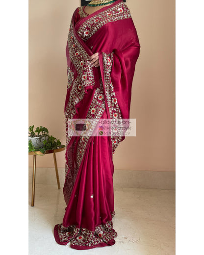 Maroon Crepe Silk Bridal Saree - kreationbykj