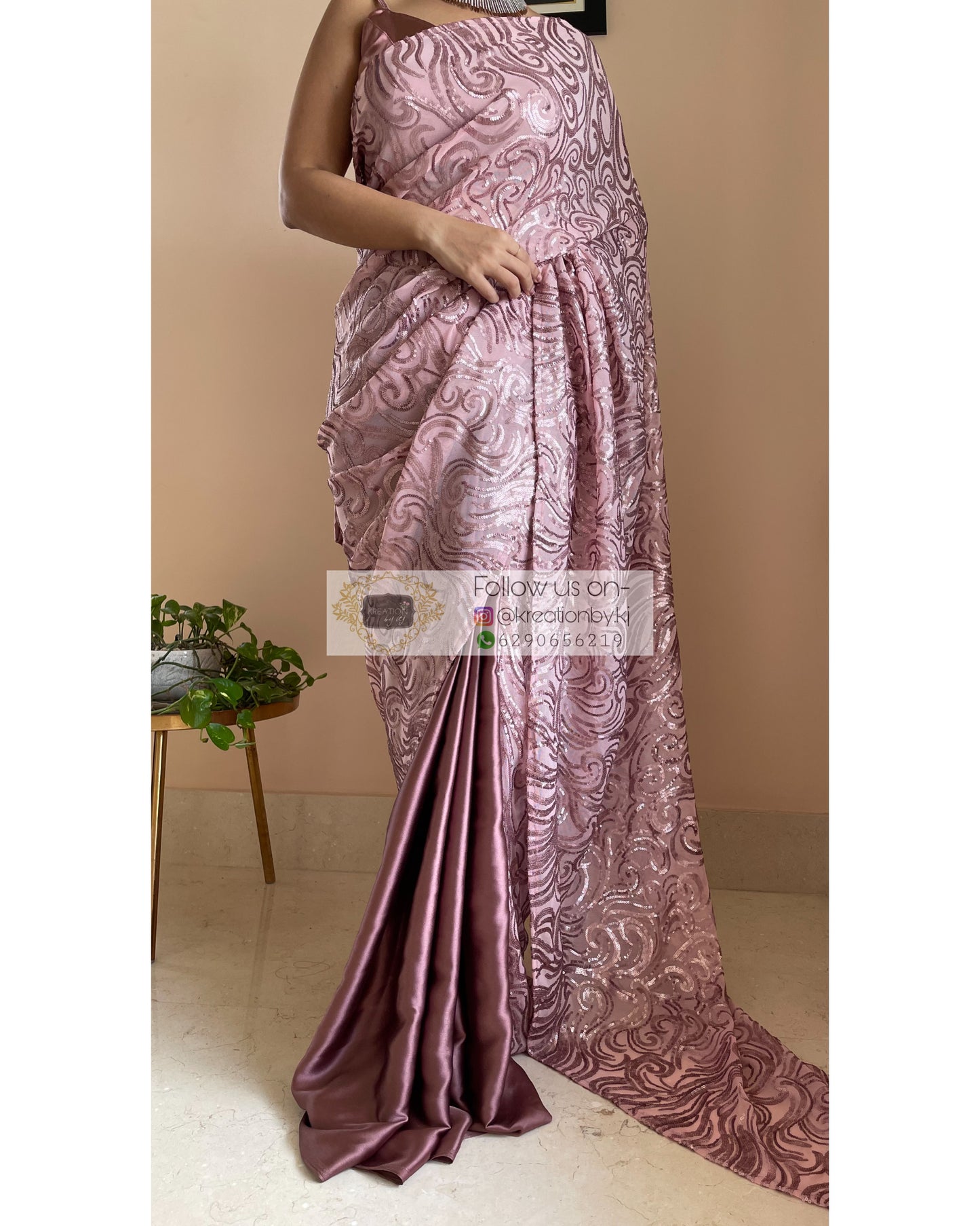 Rose Gold Sequins Half Saree - kreationbykj