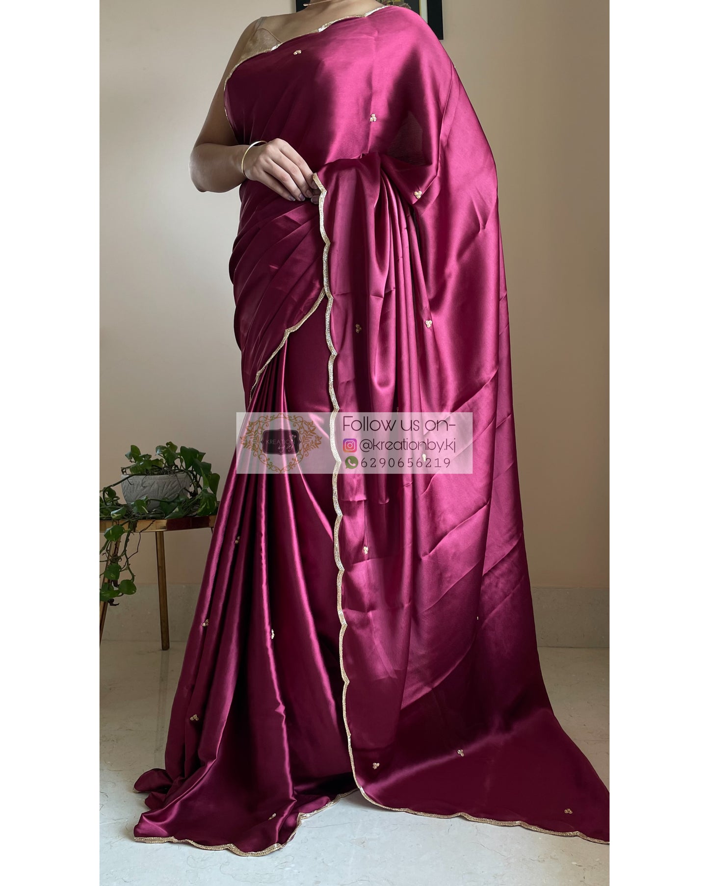 Cherry Wine Satin Silk Saree with Handembroidered Scalloping - kreationbykj