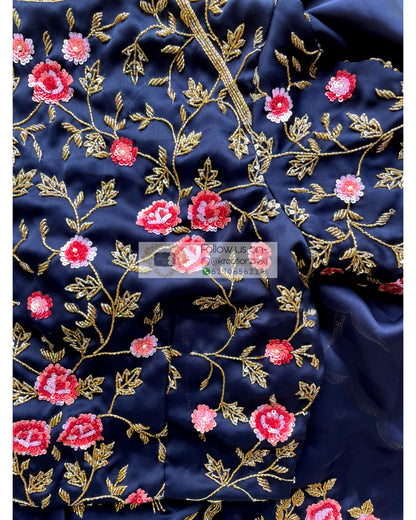 Remember the Roses Navy Blue Crepe Silk Saree - kreationbykj