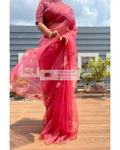 Remember the Roses Pink Glass Tissue Saree - kreationbykj