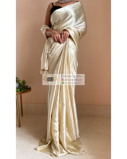 Ivory Satin Silk Saree With Handmade Tassels on Pallu - kreationbykj