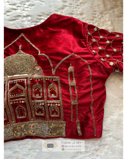 Maroon Velvet Taj Mahal Accent Blouse Piece - kreationbykj