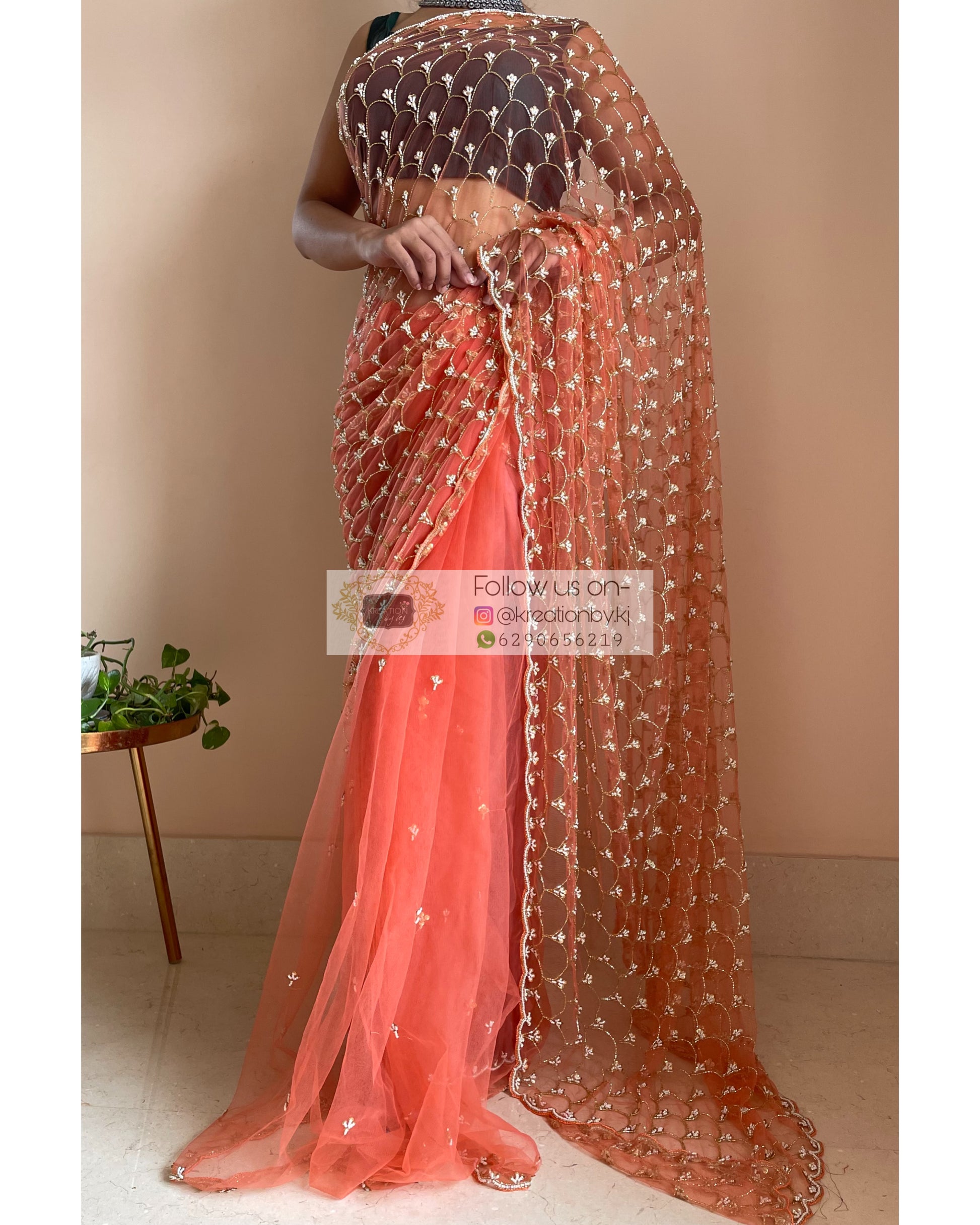 Coral Cutdana Mehraab Jaal Saree - kreationbykj