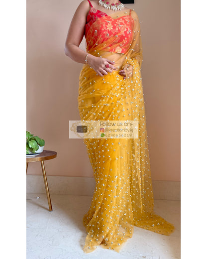 Jugnoo Yellow Net Saree - kreationbykj