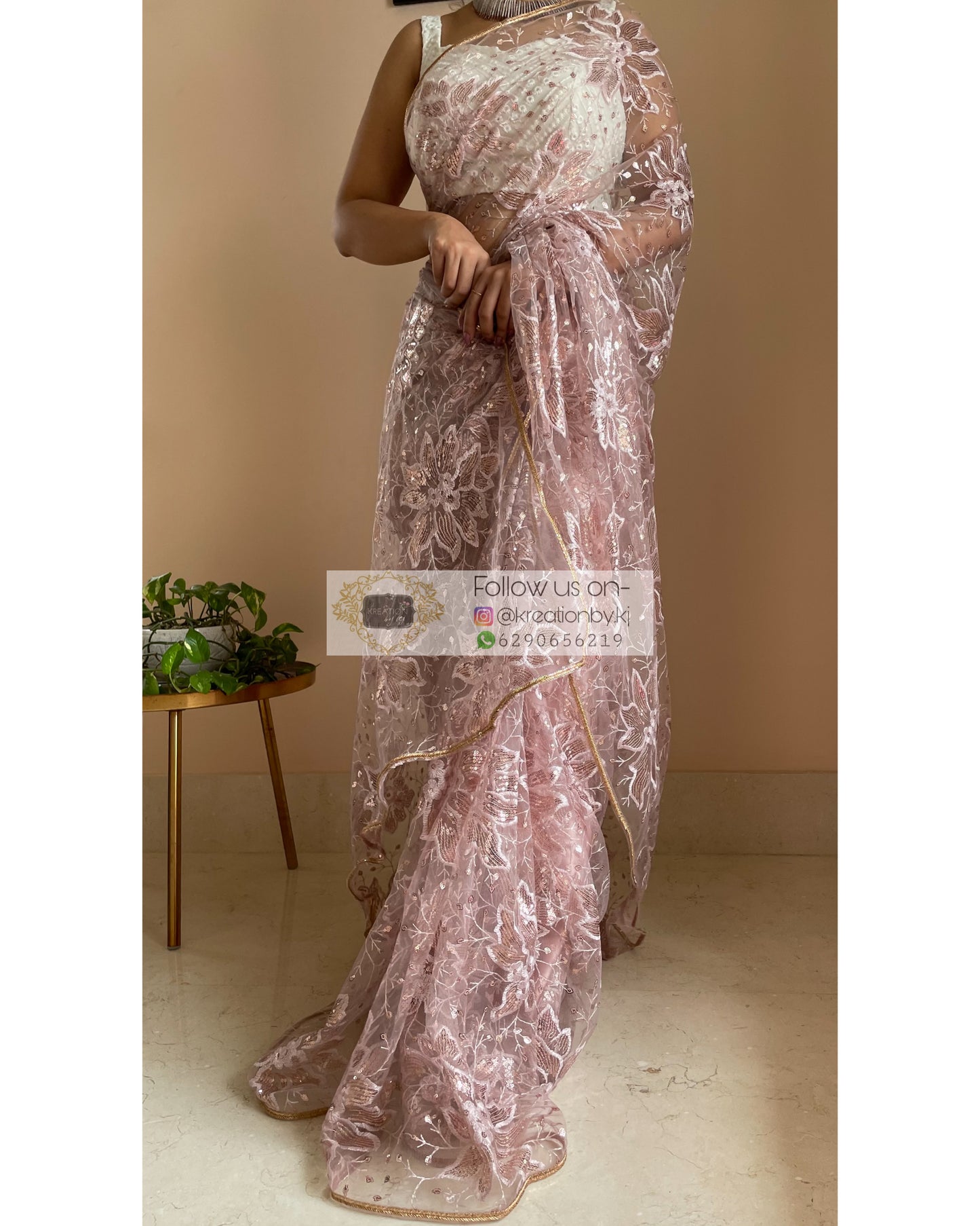 Pale Pink Floral Net Saree - kreationbykj