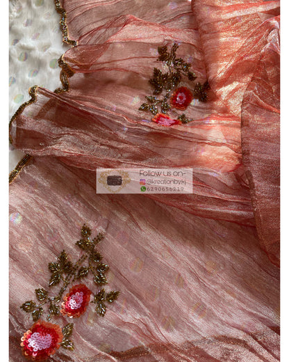 Rose Gold Zari Tissue Rose Dupatta - kreationbykj