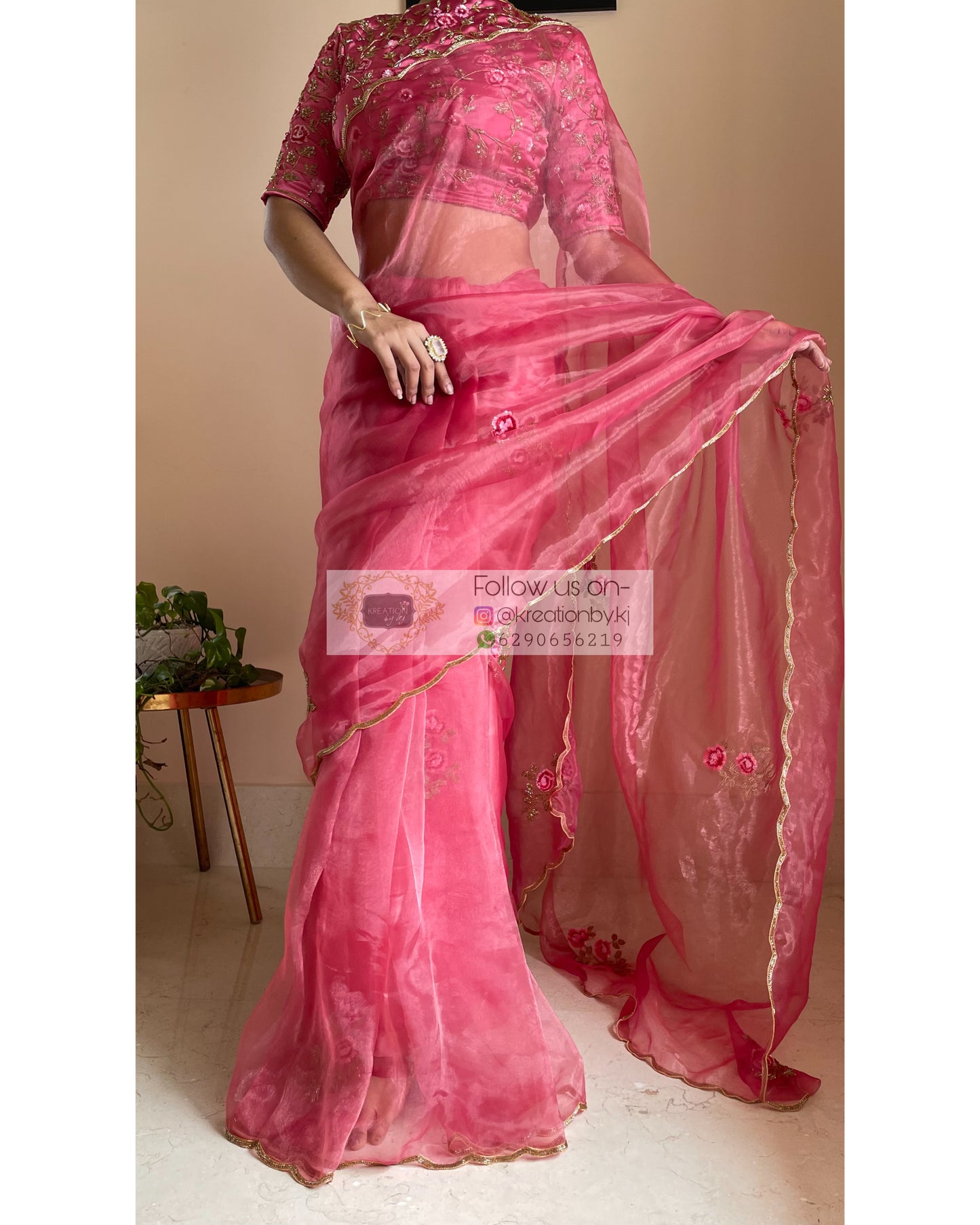 Remember the Roses Pink Glass Tissue Saree - kreationbykj