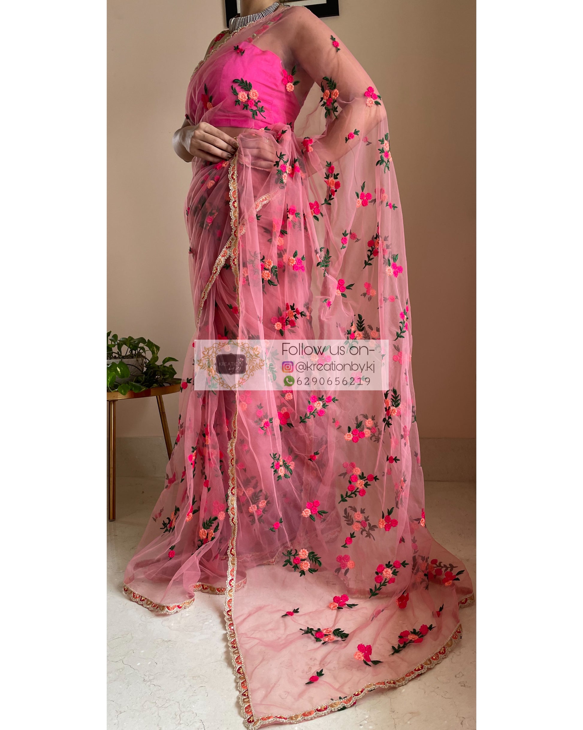 Peach Bouquet of Flowers Net Saree - kreationbykj