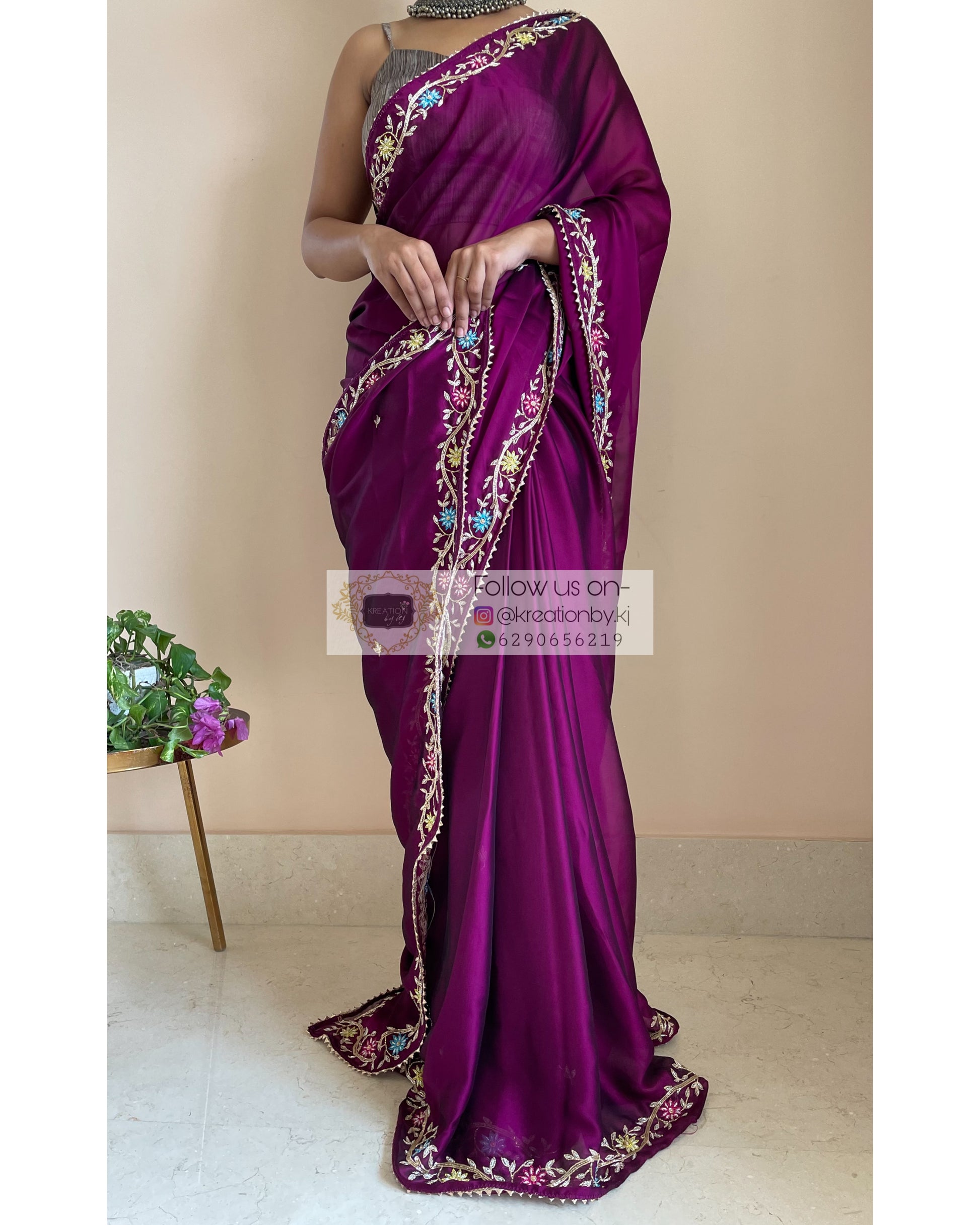 Wine Georgette Zardozi Minakari Saree - kreationbykj