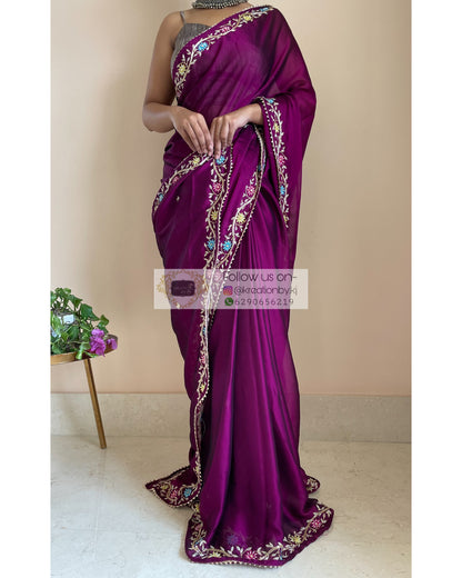 Wine Georgette Zardozi Minakari Saree - kreationbykj