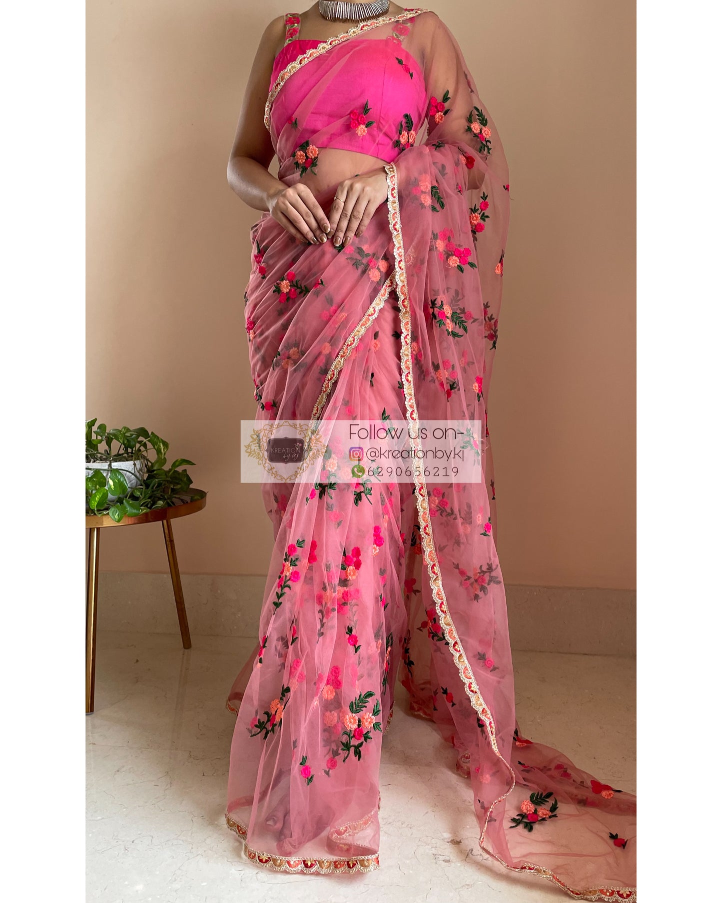 Peach Bouquet of Flowers Net Saree - kreationbykj