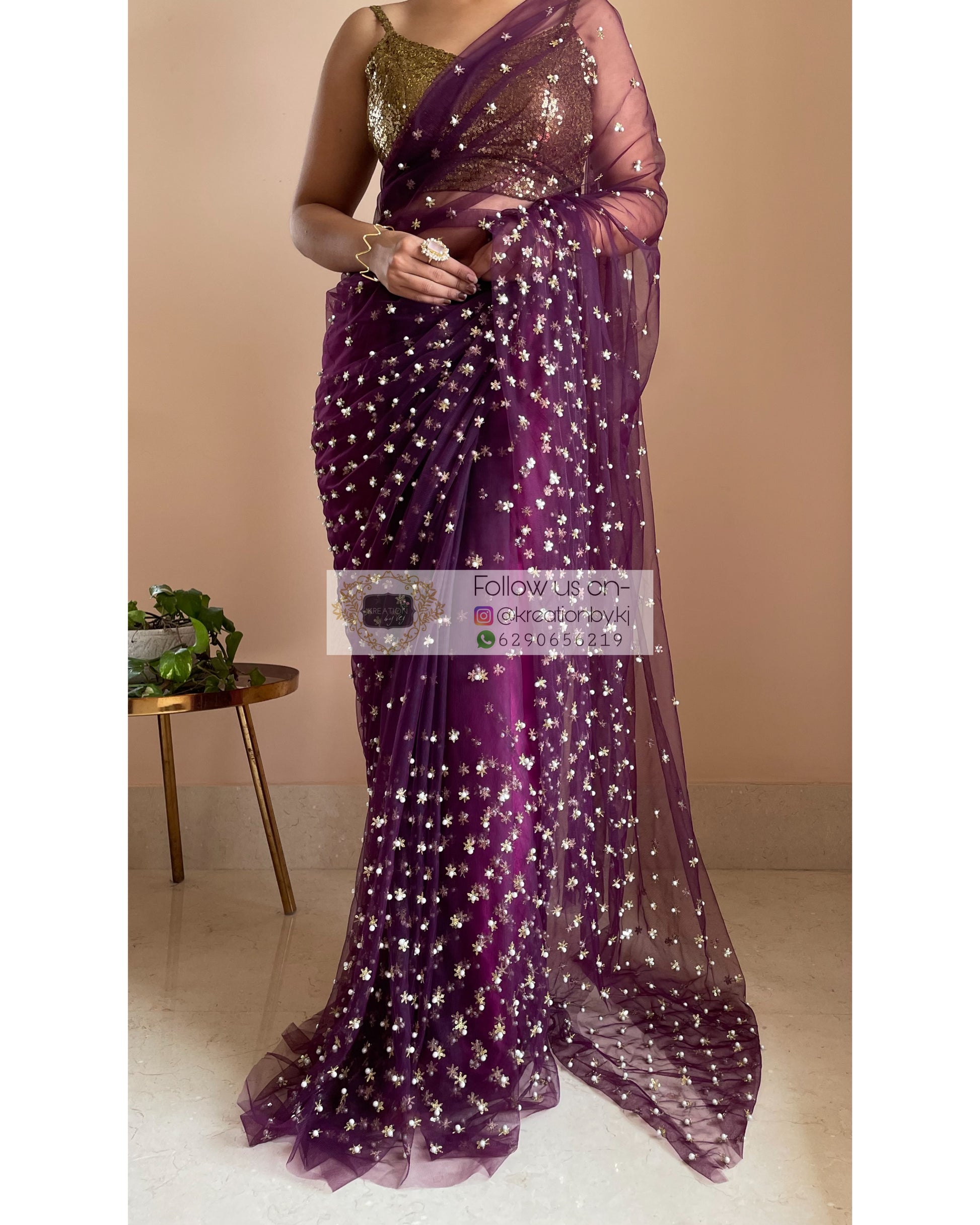 Jugnoo Wine Net Saree - kreationbykj