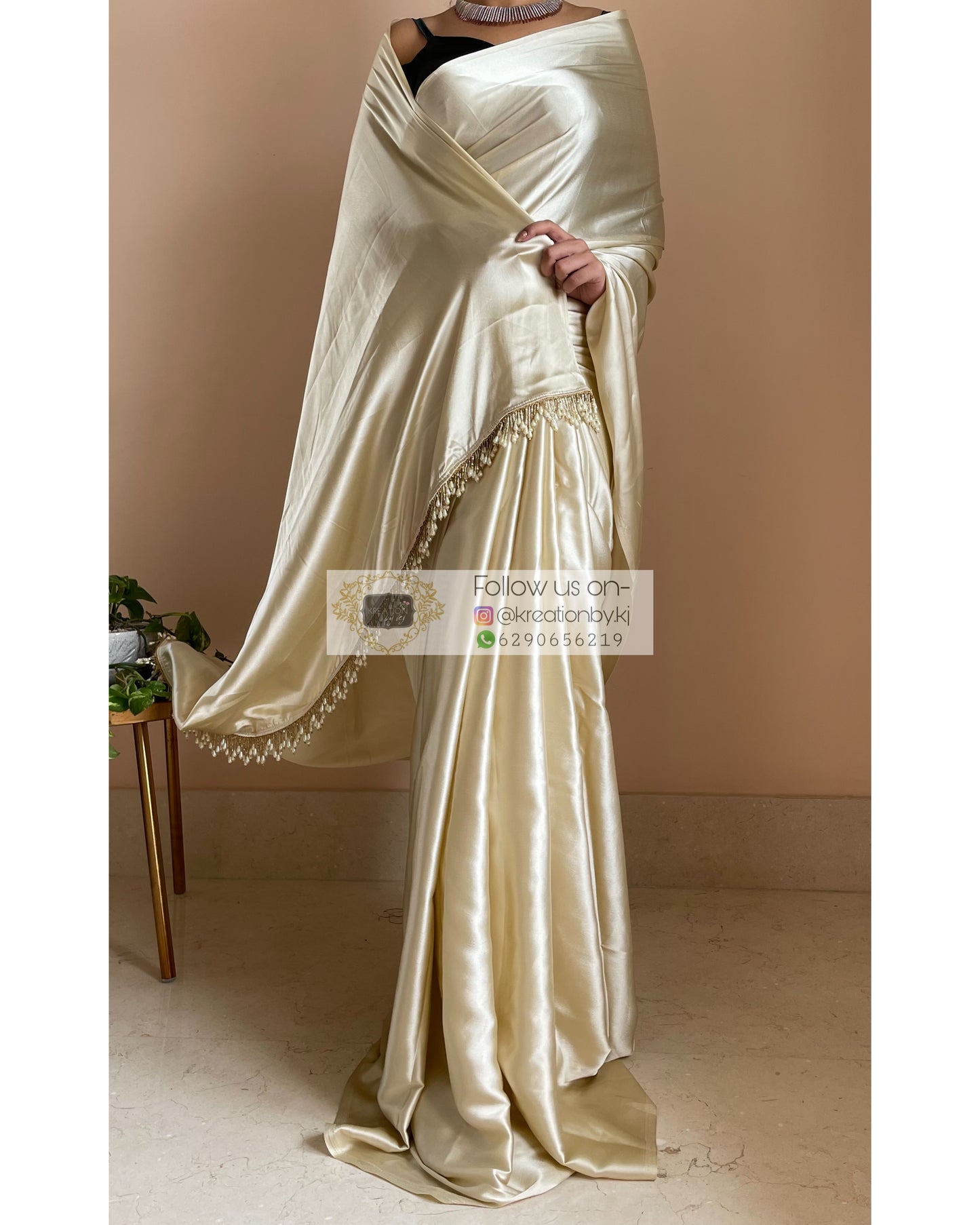 Ivory Satin Silk Saree With Handmade Tassels on Pallu - kreationbykj