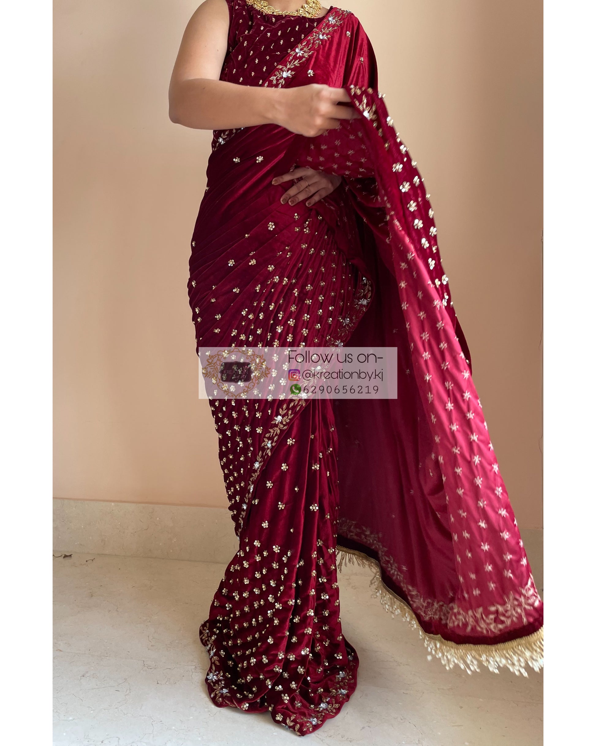 Maroon Velvet Badan pe Sitare Saree - kreationbykj