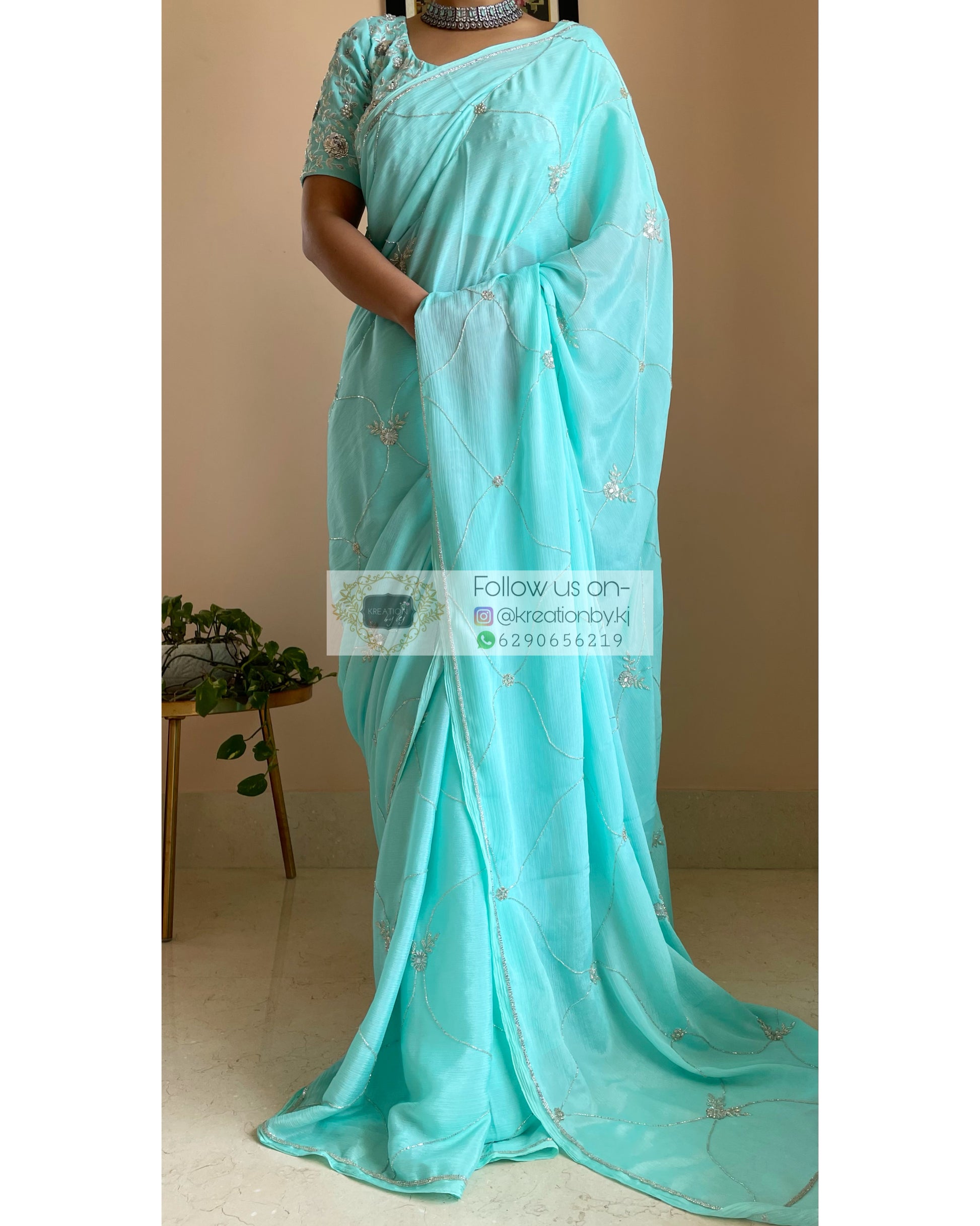 Kashish Turquoise Chinnon Saree - kreationbykj