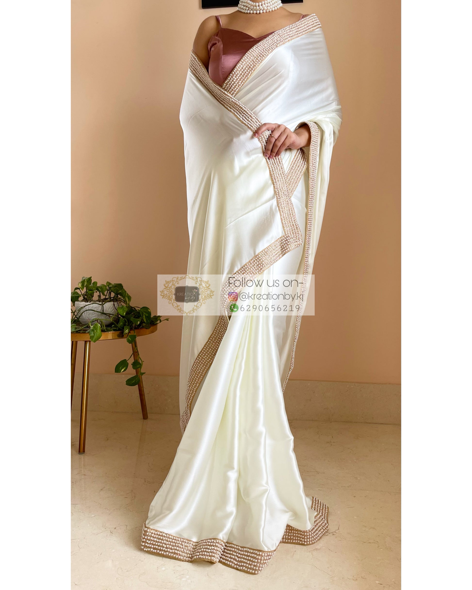 Party Wear Beautiful Beige Saree w/ Pink Stone & Pearl Border (Only Saree)  #27263 | Buy Online @ DesiClik.com, USA