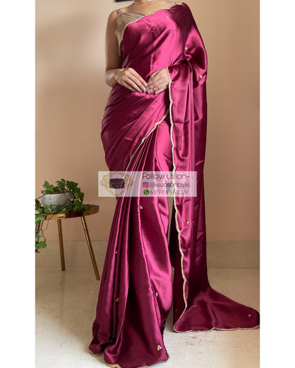 Cherry Wine Satin Silk Saree with Handembroidered Scalloping - kreationbykj