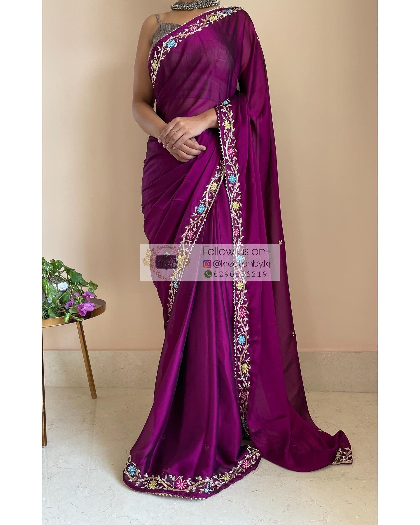 Wine Georgette Zardozi Minakari Saree - kreationbykj