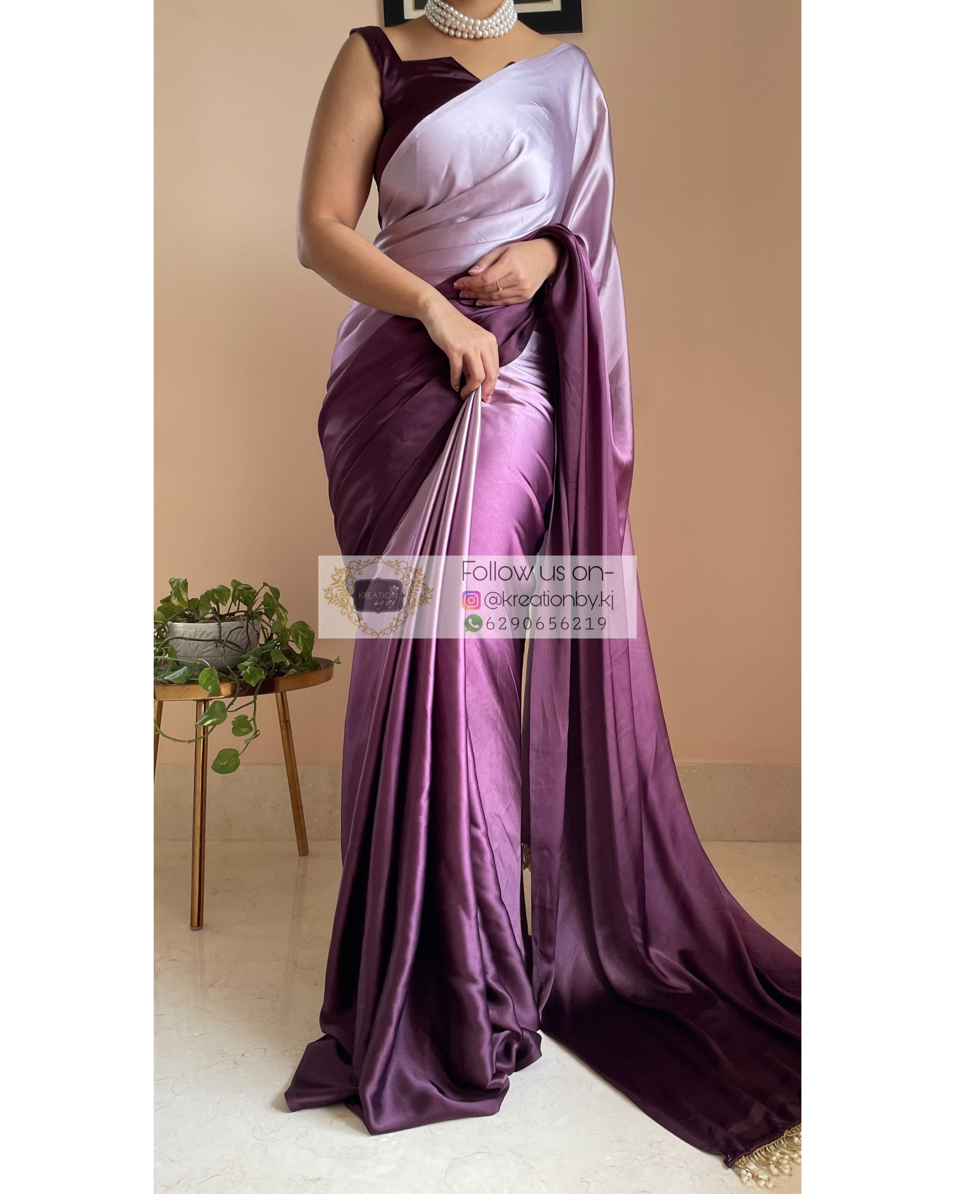 Black Currant Ombré Crepe  Silk Saree with Handmade Tassels on Pallu - kreationbykj