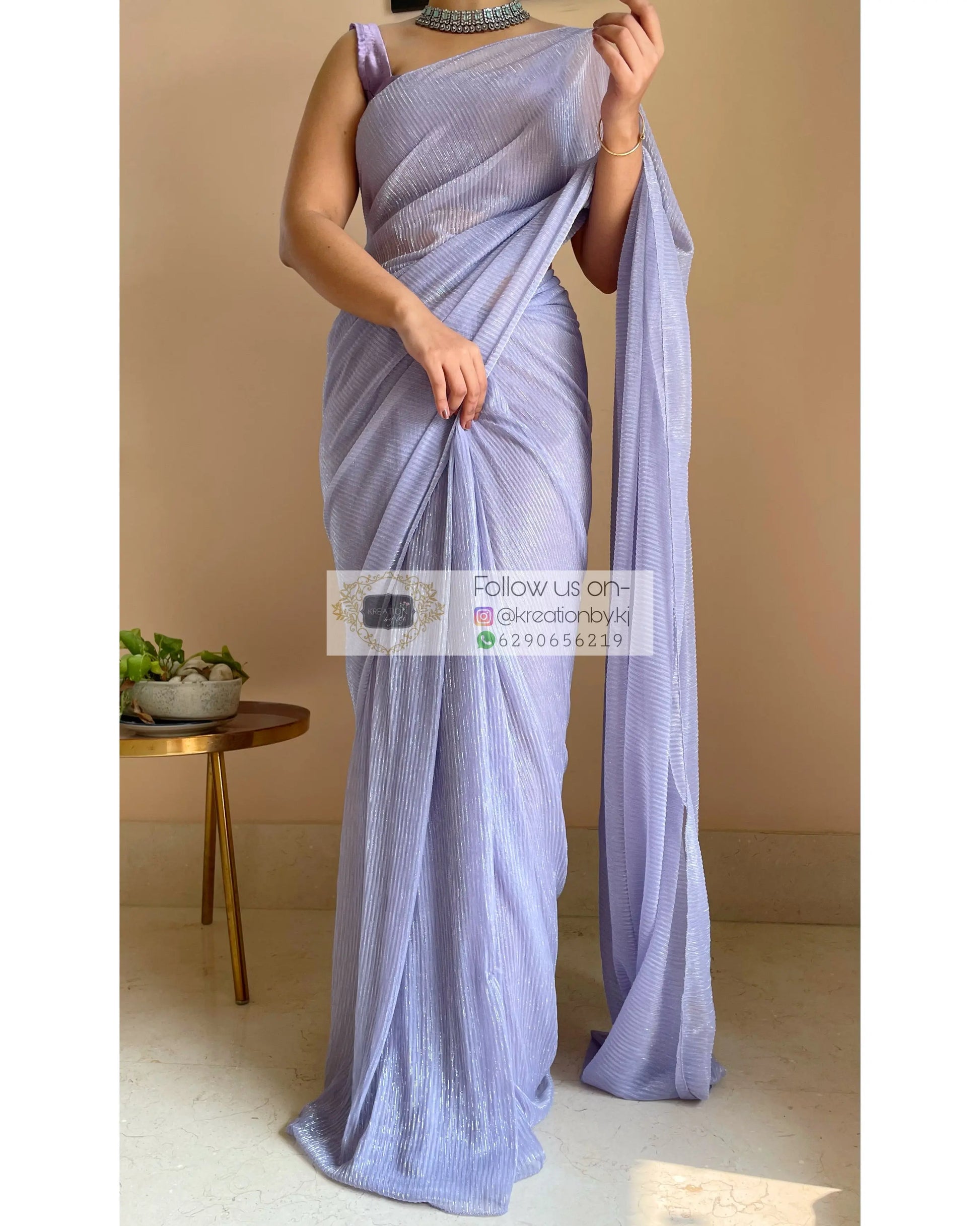 Lavender Pleated Shimmer Net Saree - kreationbykj