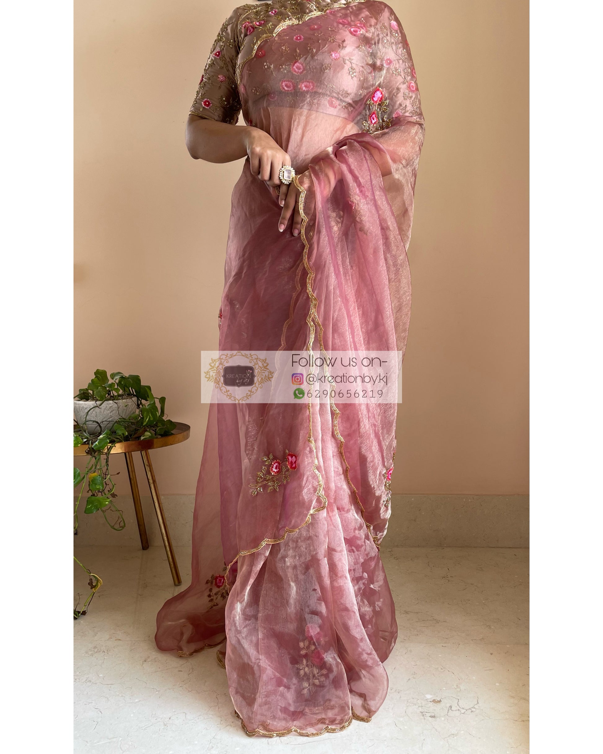 Remember the Roses Rose Beige Glass Tissue Saree - kreationbykj