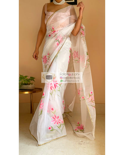 White Floral Organza Saree - kreationbykj