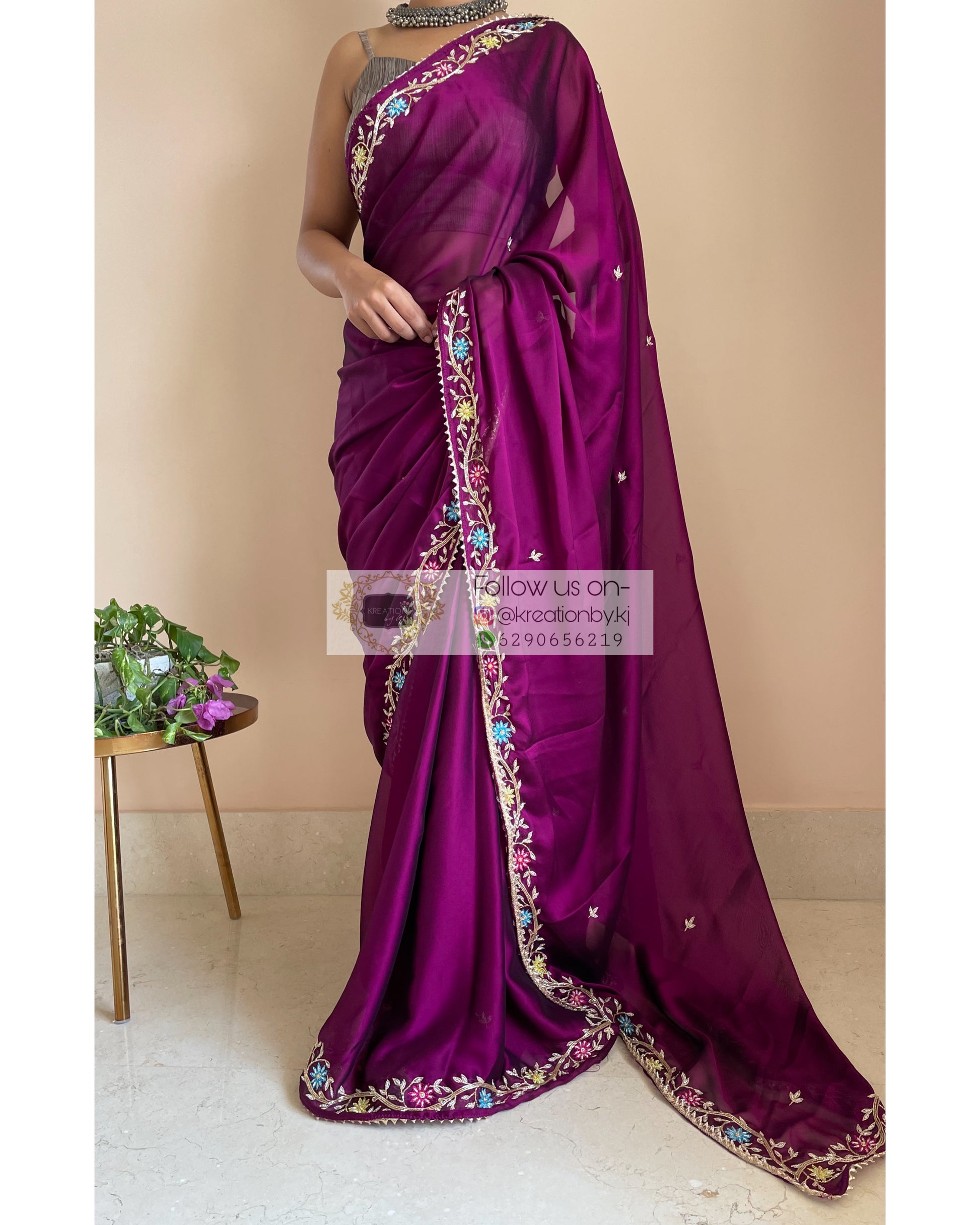 Wine Georgette Zardozi Minakari Saree - kreationbykj