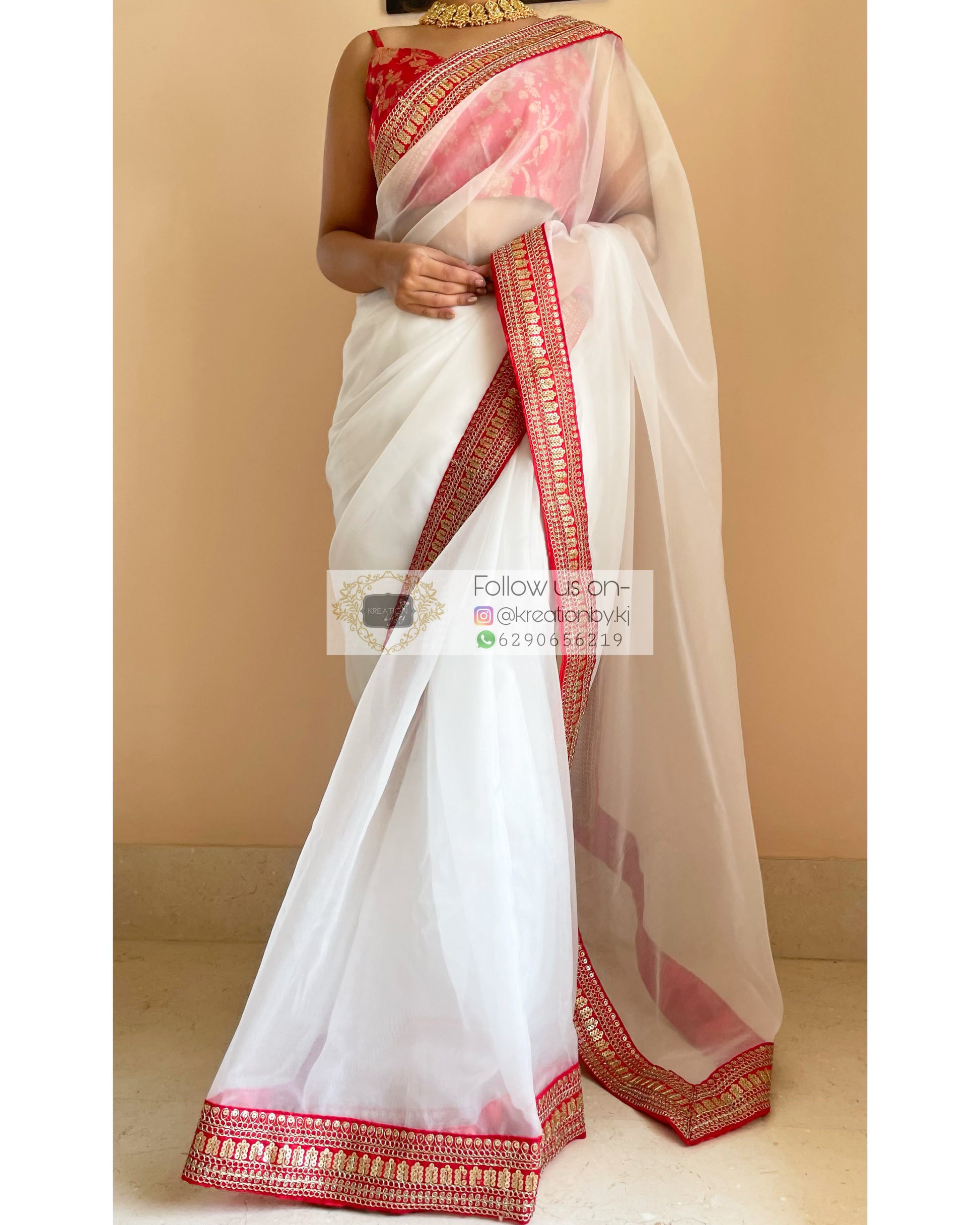 White Organza Saree with Red Border - kreationbykj