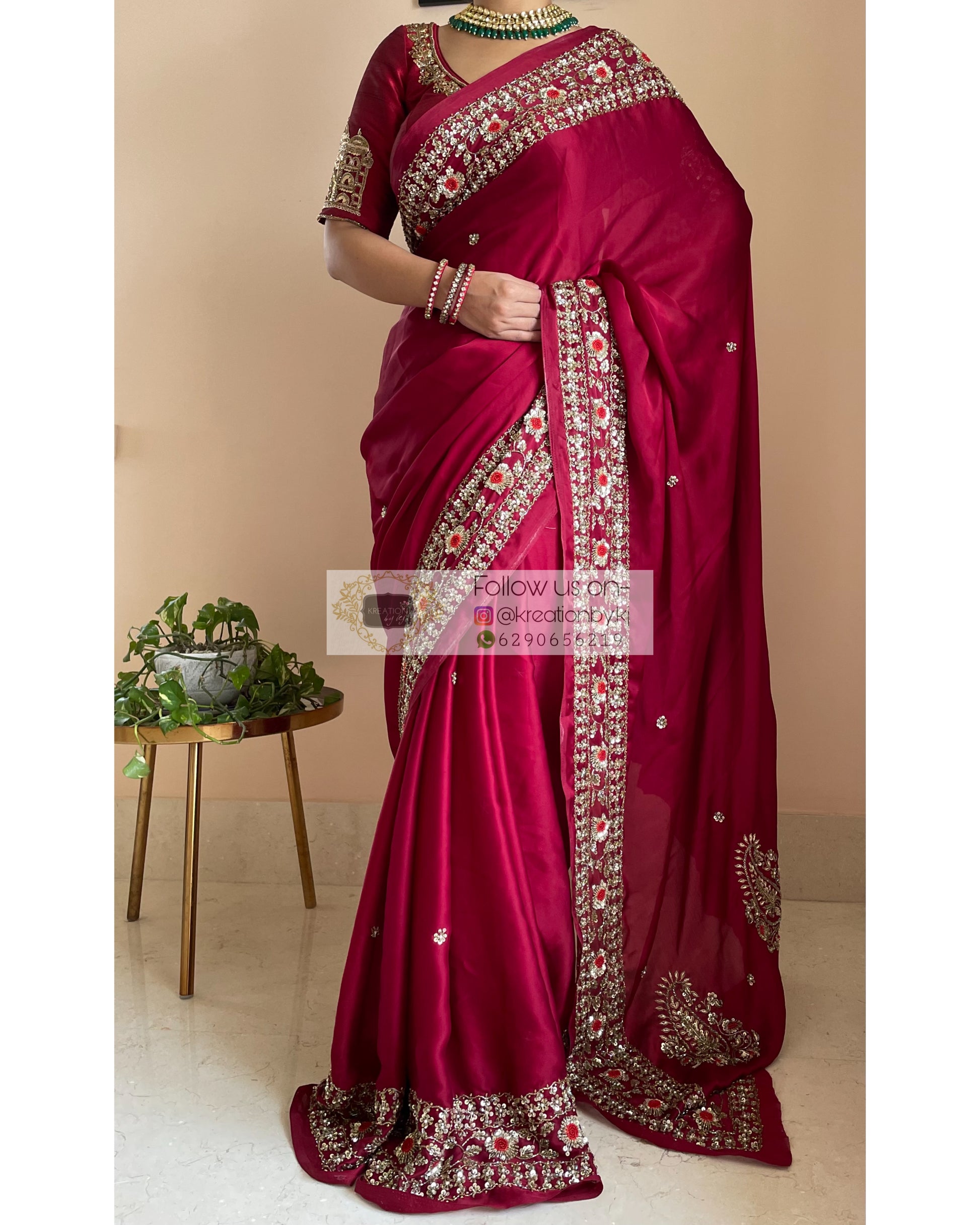 Maroon Crepe Silk Bridal Saree - kreationbykj