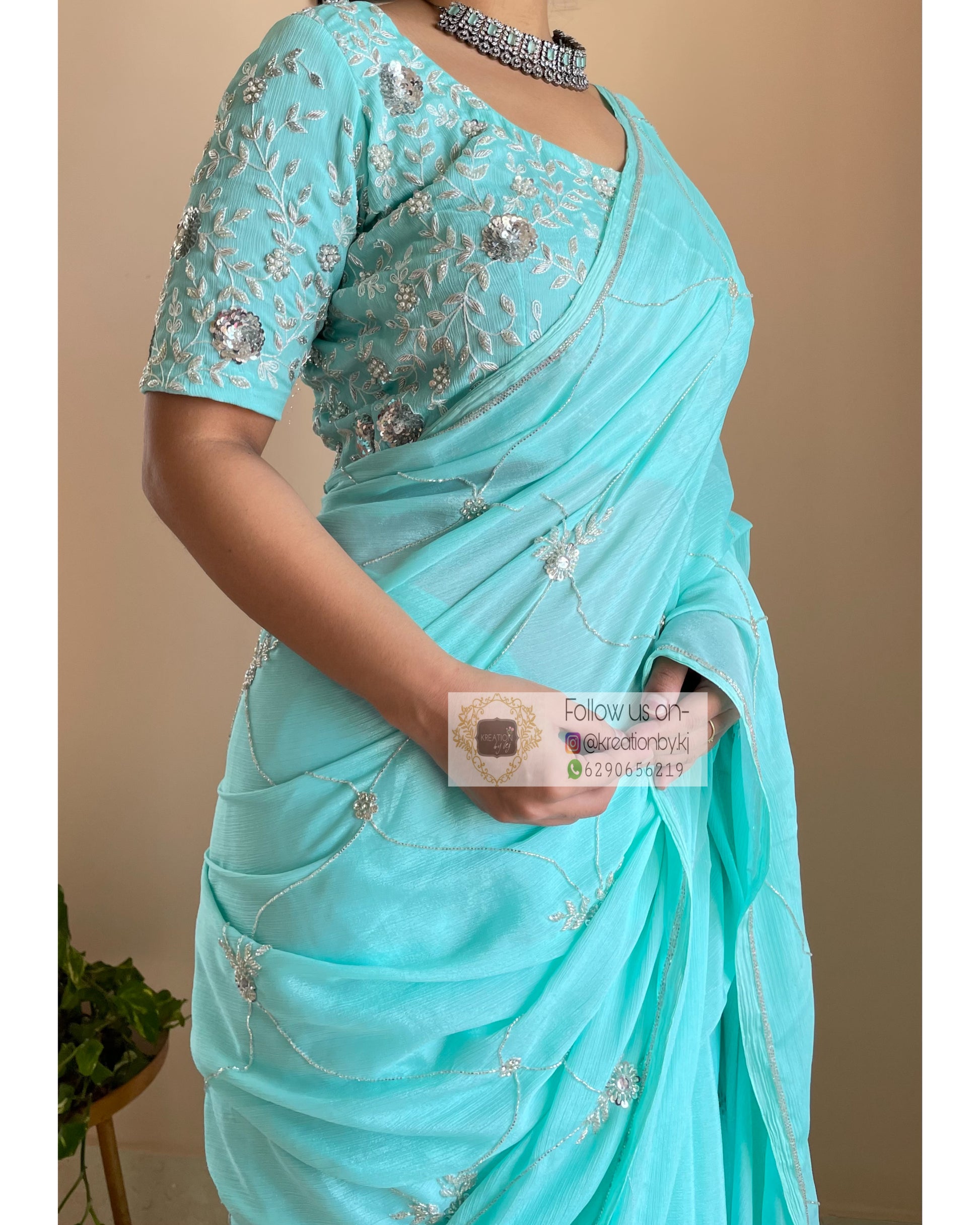 Kashish Turquoise Chinnon Saree - kreationbykj