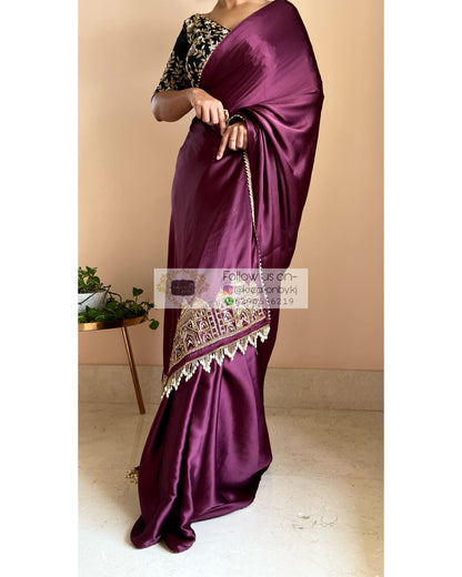 Dark Eggplant Wine Satin Silk Taj Mahal Saree - kreationbykj