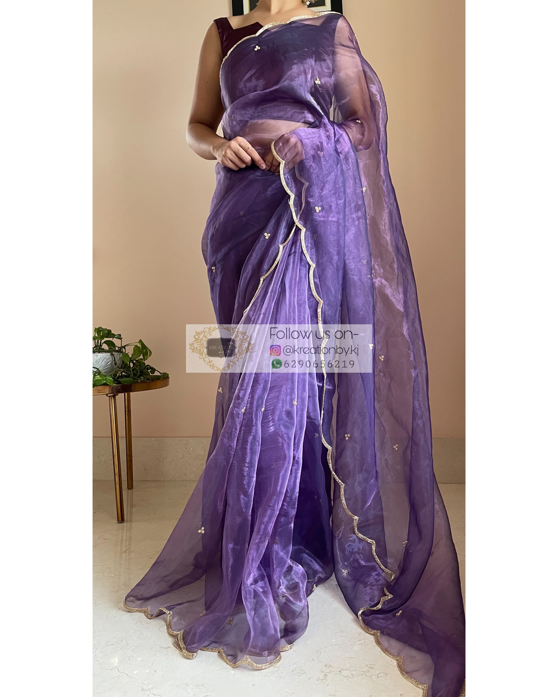 Violet Glass Tissue Saree with Handembroidered Scalloping - kreationbykj