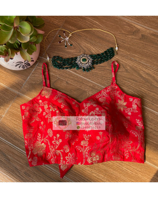 Red Brocade Strappy Blouse - kreationbykj
