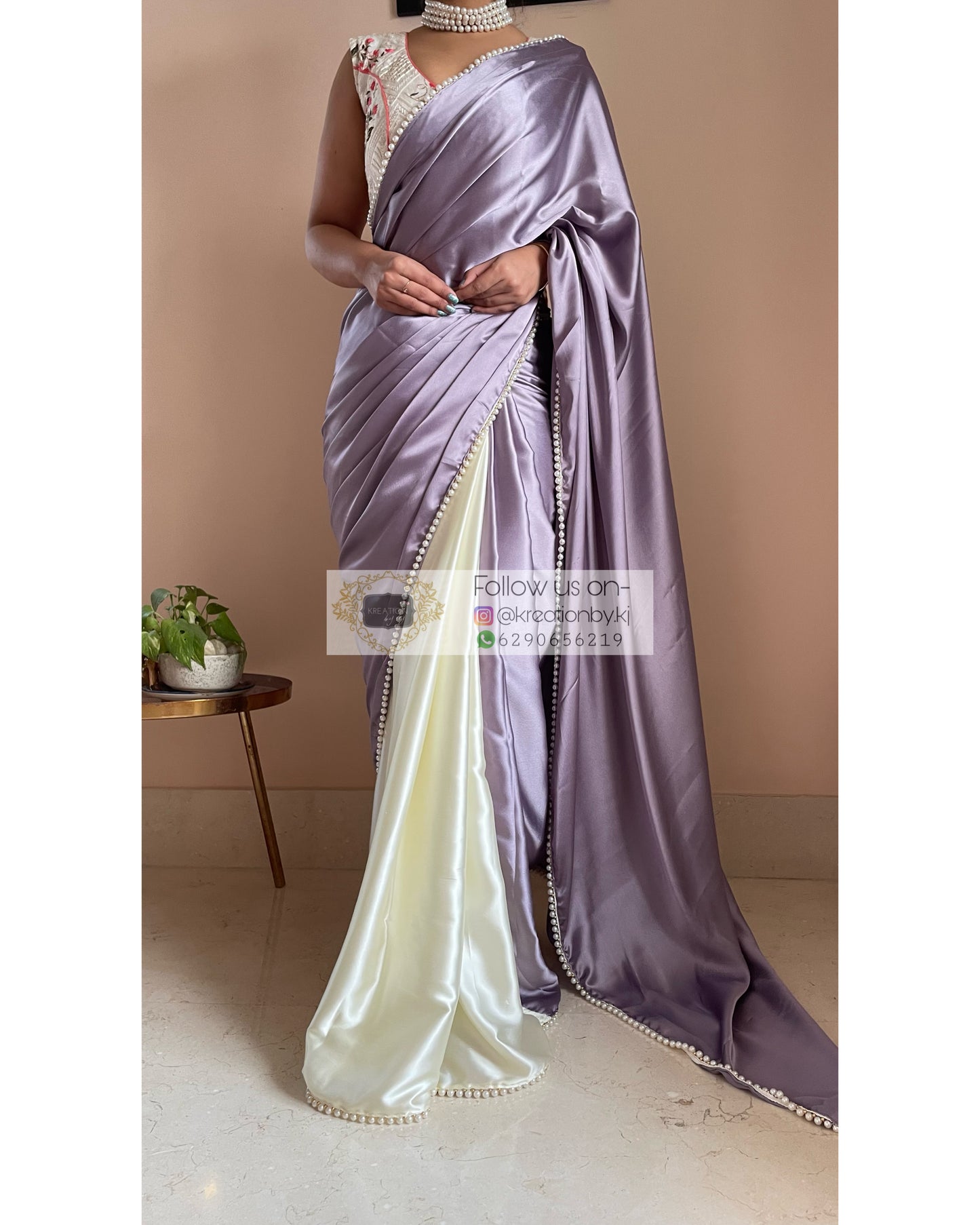 Lavender Lullaby Two in One Satin Saree - kreationbykj