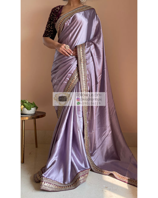 Dull Lavender Satin Saree with Wine Border - kreationbykj