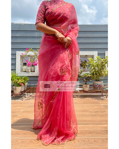 Remember the Roses Pink Glass Tissue Saree - kreationbykj