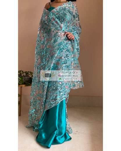 Turquoise Mermaid Sequins Saree - kreationbykj