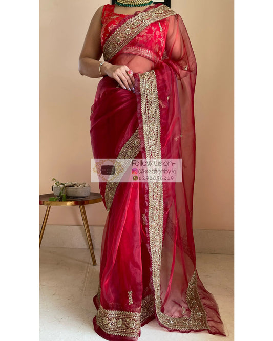 Red Glass Tissue Zarina Saree - kreationbykj