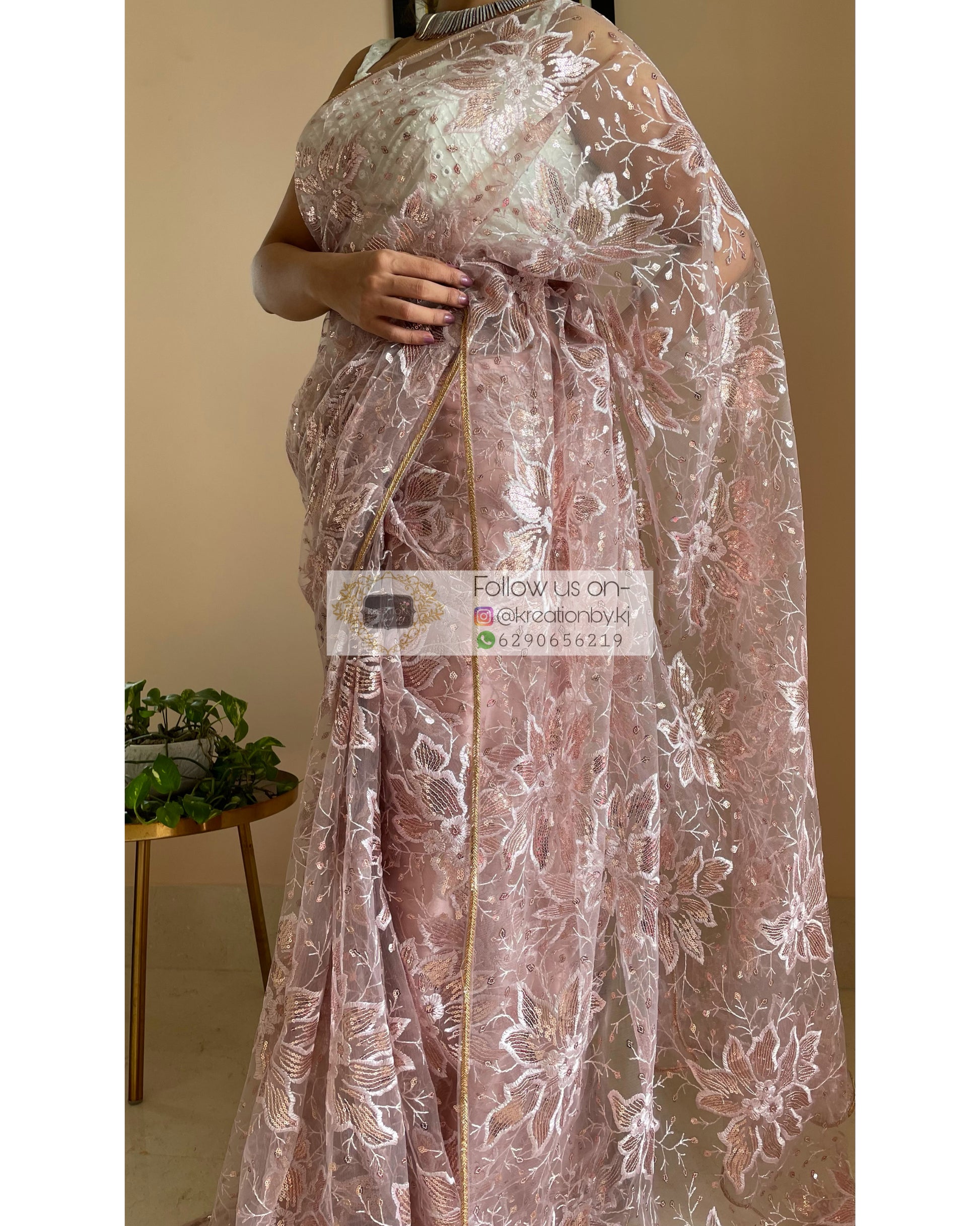 Pale Pink Floral Net Saree - kreationbykj