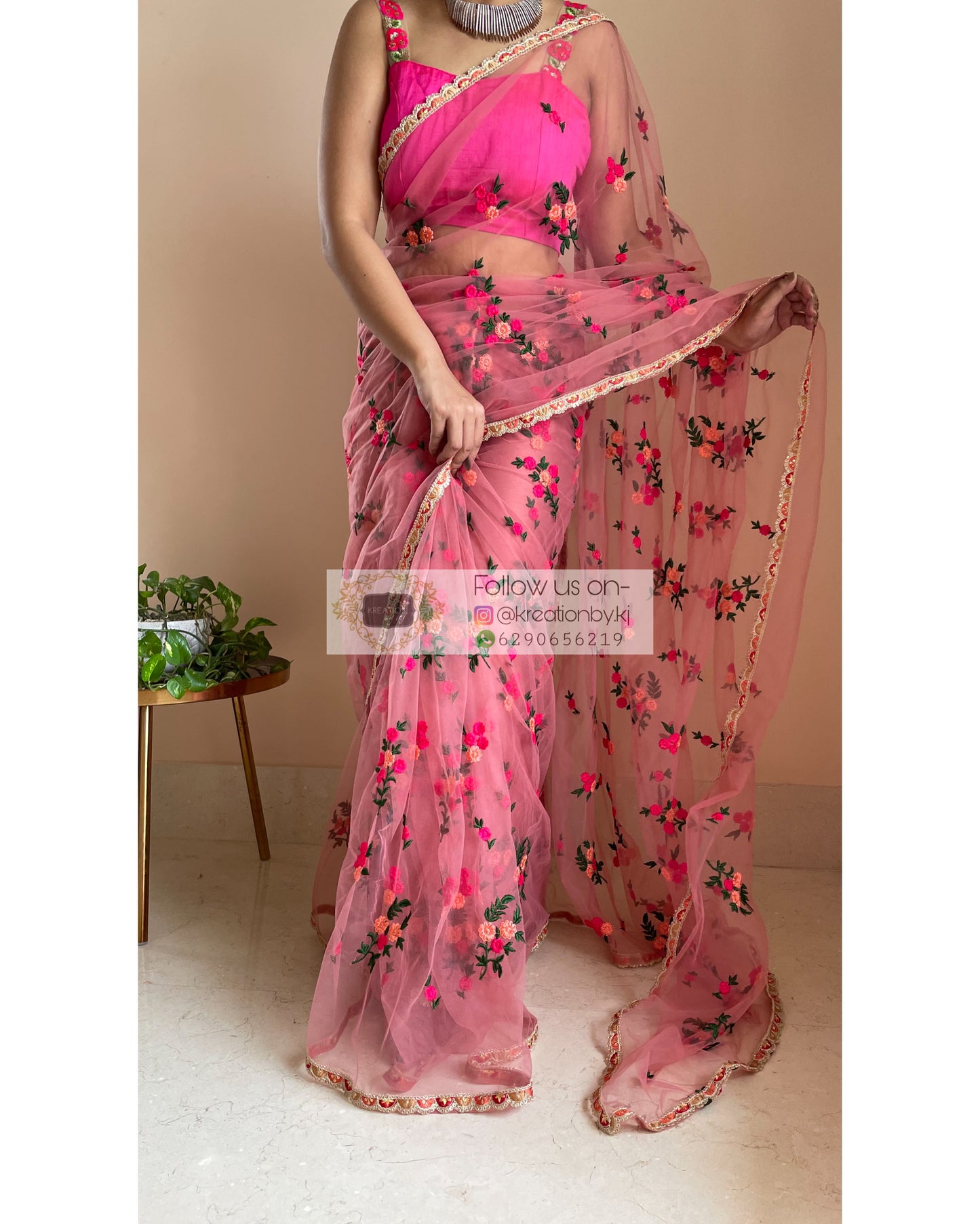 Peach Bouquet of Flowers Net Saree - kreationbykj